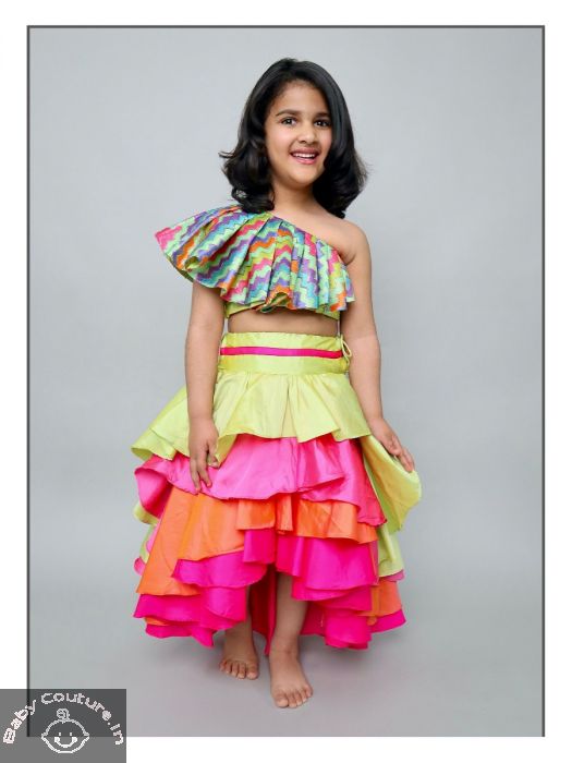 Chiffon Printed Girls Cream Top Multicolor Skirt Set