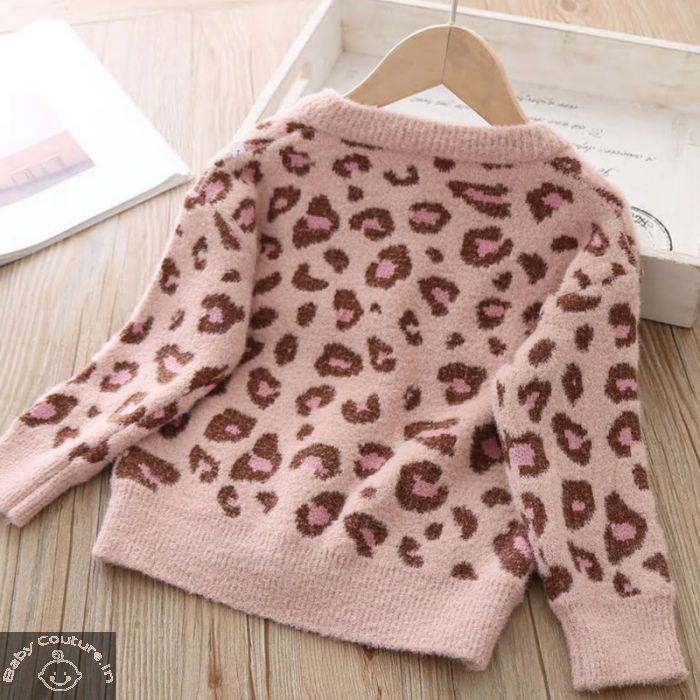 Admirable Pink Leopard Print Girls Sweater