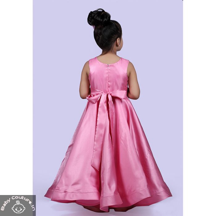 Satin Floor Length Pink Girls Party Gown